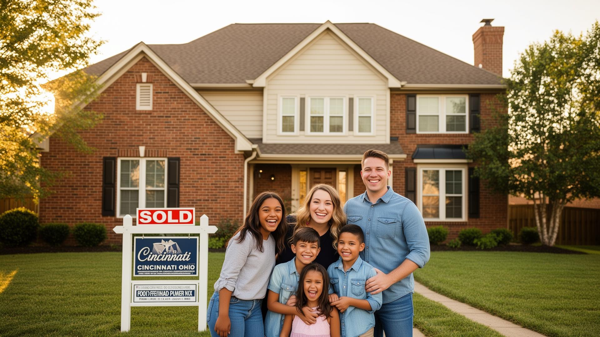 A happy Cincinnati family on the front lawn of their newly purchased home