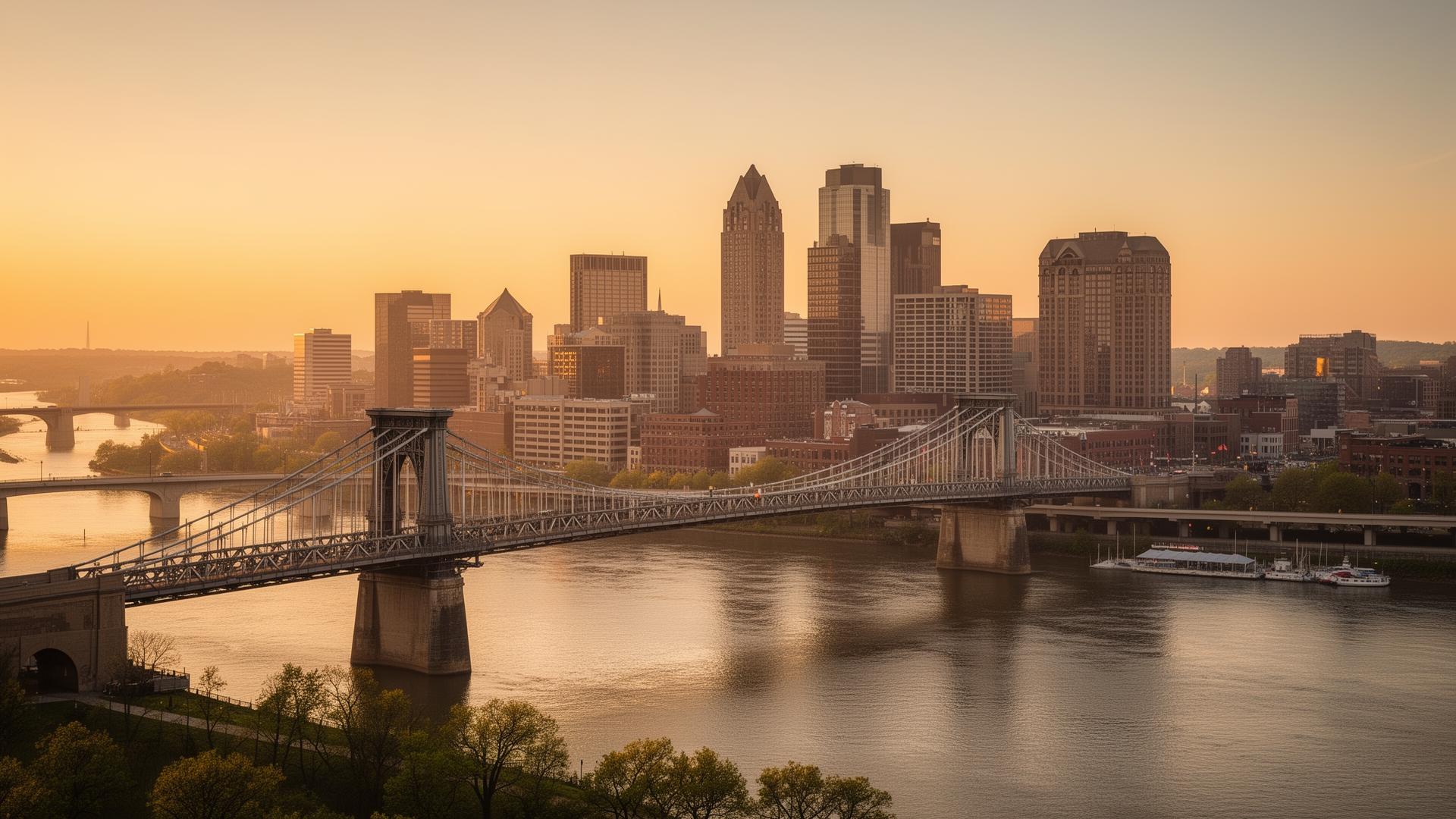 Cincinnati skyline at golden hour with the Roebling Suspension Bridge over the Ohio River